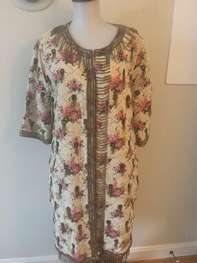Floral Beaded Ivory and Pink Knee-Length  coat